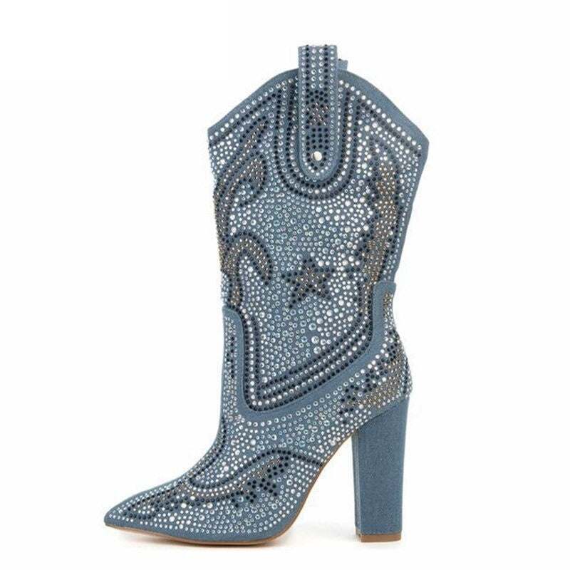 Western cowboy boot in denim blue with silver rhinestones, ornate stitched patterns, pointed toe and block heel by UnWritten Style.