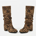 Knee-high boots in 2026 Hot Girl Leopard Print with a soft suede-like finish, slouchy shafts, rounded toes and block heels