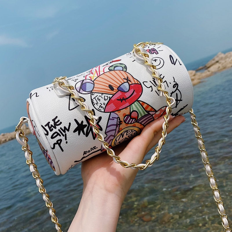 Cartoons Graffiti Cylindrical Pu Leather Zipper Crossbody Bags For Women Fashion Chain Shoulder Handbags And Purses Lady eprolo