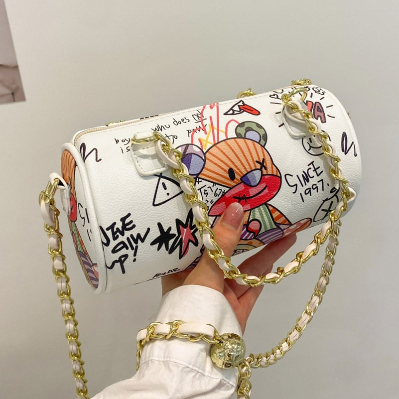 Cartoons Graffiti Cylindrical Pu Leather Zipper Crossbody Bags For Women Fashion Chain Shoulder Handbags And Purses Lady eprolo