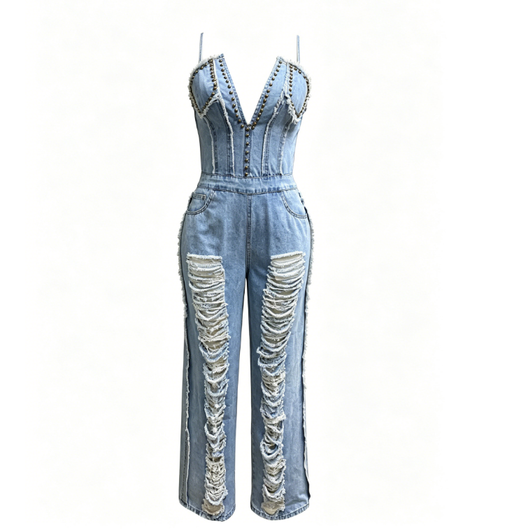 👖 Unwritten Style — Rebel Luxe Distressed Denim Jumpsuit eprolo