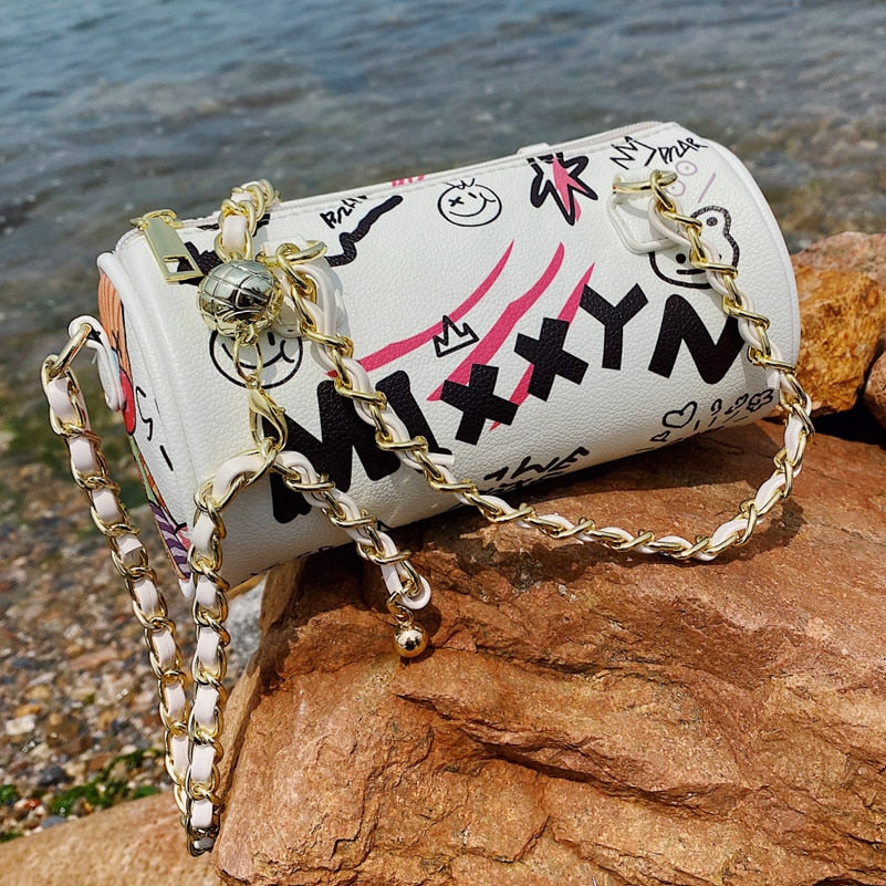 Cartoons Graffiti Cylindrical Pu Leather Zipper Crossbody Bags For Women Fashion Chain Shoulder Handbags And Purses Lady eprolo