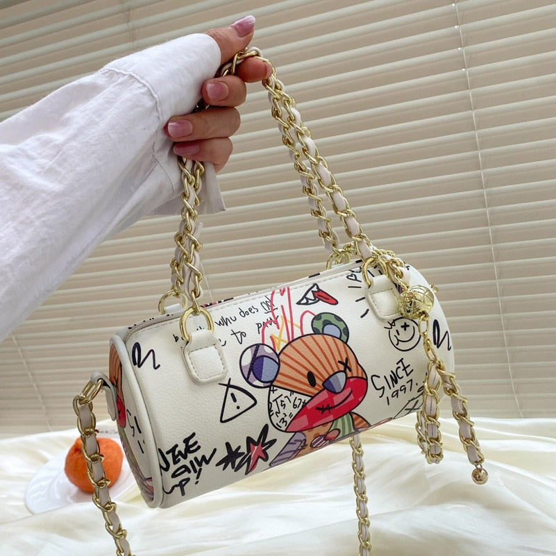 Cartoons Graffiti Cylindrical Pu Leather Zipper Crossbody Bags For Women Fashion Chain Shoulder Handbags And Purses Lady eprolo