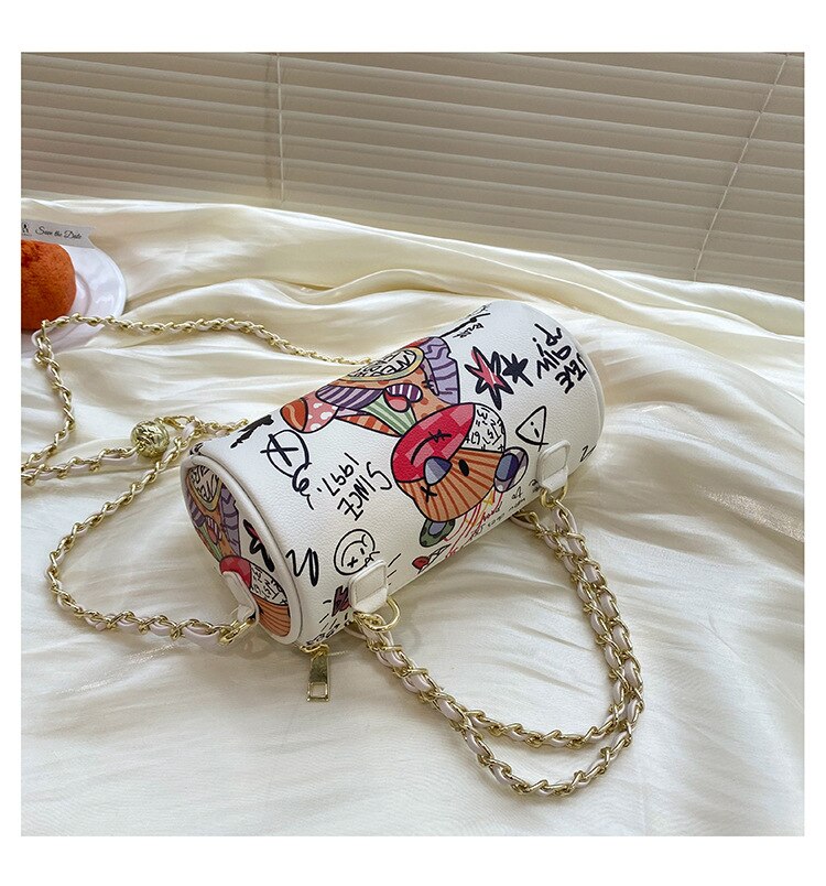 Cartoons Graffiti Cylindrical Pu Leather Zipper Crossbody Bags For Women Fashion Chain Shoulder Handbags And Purses Lady eprolo