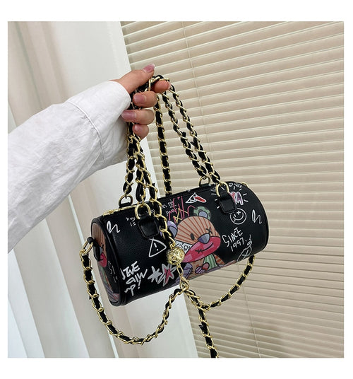 Cartoons Graffiti Cylindrical Pu Leather Zipper Crossbody Bags For Women Fashion Chain Shoulder Handbags And Purses Lady eprolo
