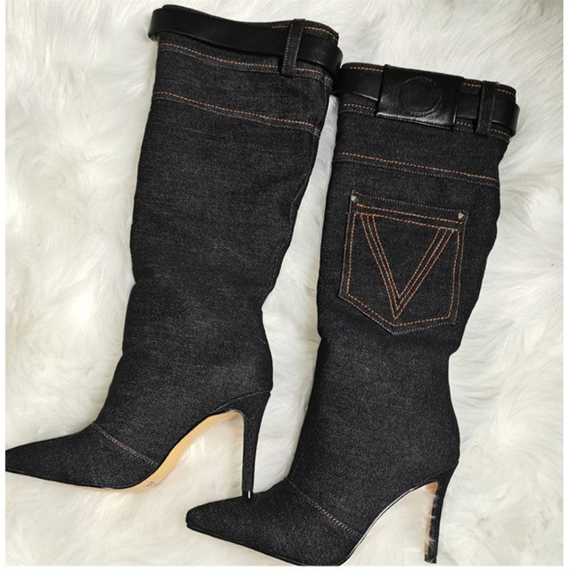 🖤 Unwritten Style — Black Denim Stiletto Boots eprolo