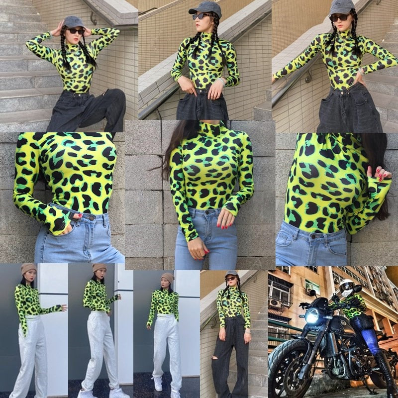 Women Long Sleeve Leopard Skin Prinetd Bodysuit Sexy Neon Green Streetwear Jumpsuit nowadaysfashion