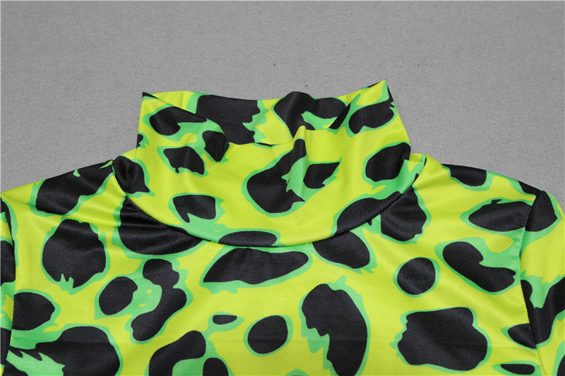 Women Long Sleeve Leopard Skin Prinetd Bodysuit Sexy Neon Green Streetwear Jumpsuit nowadaysfashion
