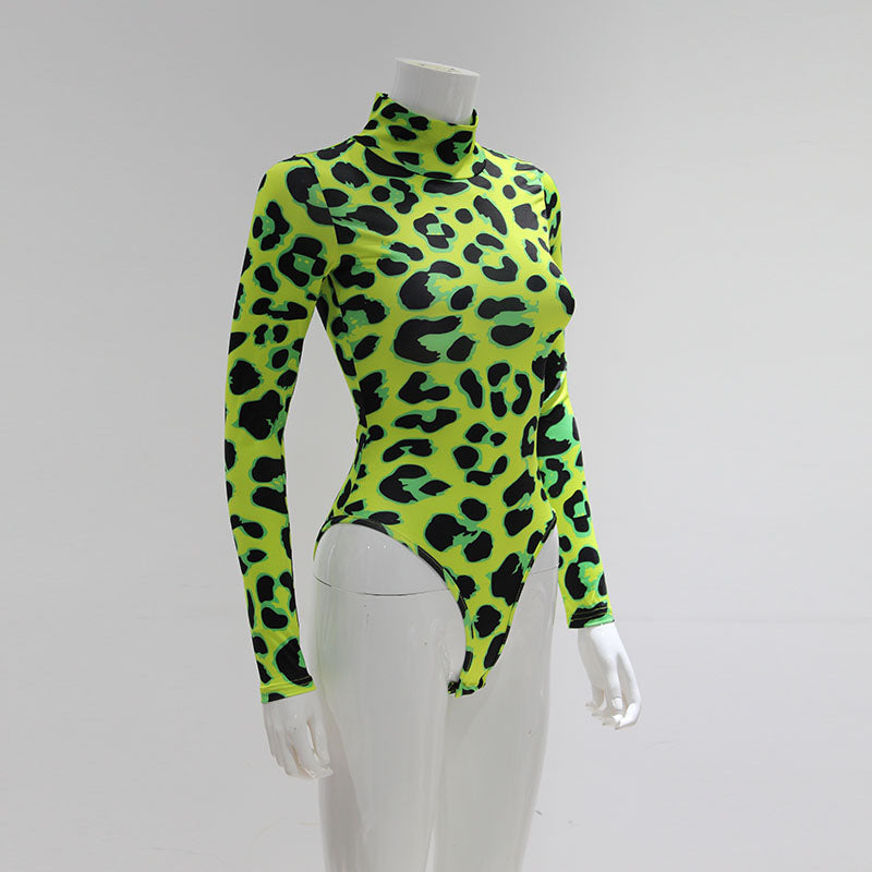 Women Long Sleeve Leopard Skin Prinetd Bodysuit Sexy Neon Green Streetwear Jumpsuit nowadaysfashion