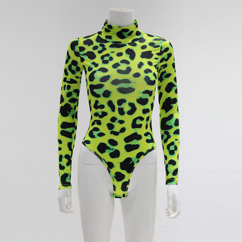 Women Long Sleeve Leopard Skin Prinetd Bodysuit Sexy Neon Green Streetwear Jumpsuit nowadaysfashion