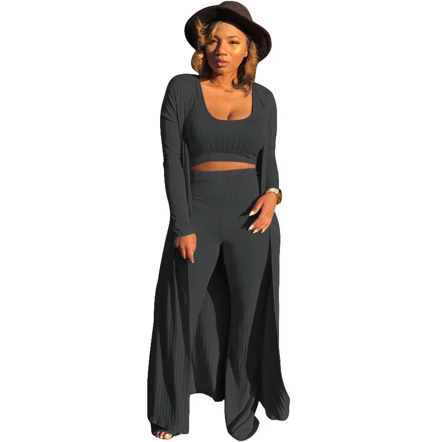 Sexy Women 3 Piece Outfits Crop Top With Long Coat Womens Clothing Outfit Ladies Tracksuits Ensemble Vetement Feme-6