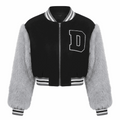 Varsity Vibes Cropped Bomber Jacket in black with fluffy gray sleeves, a white-outlined letter D, and striped ribbed trim.