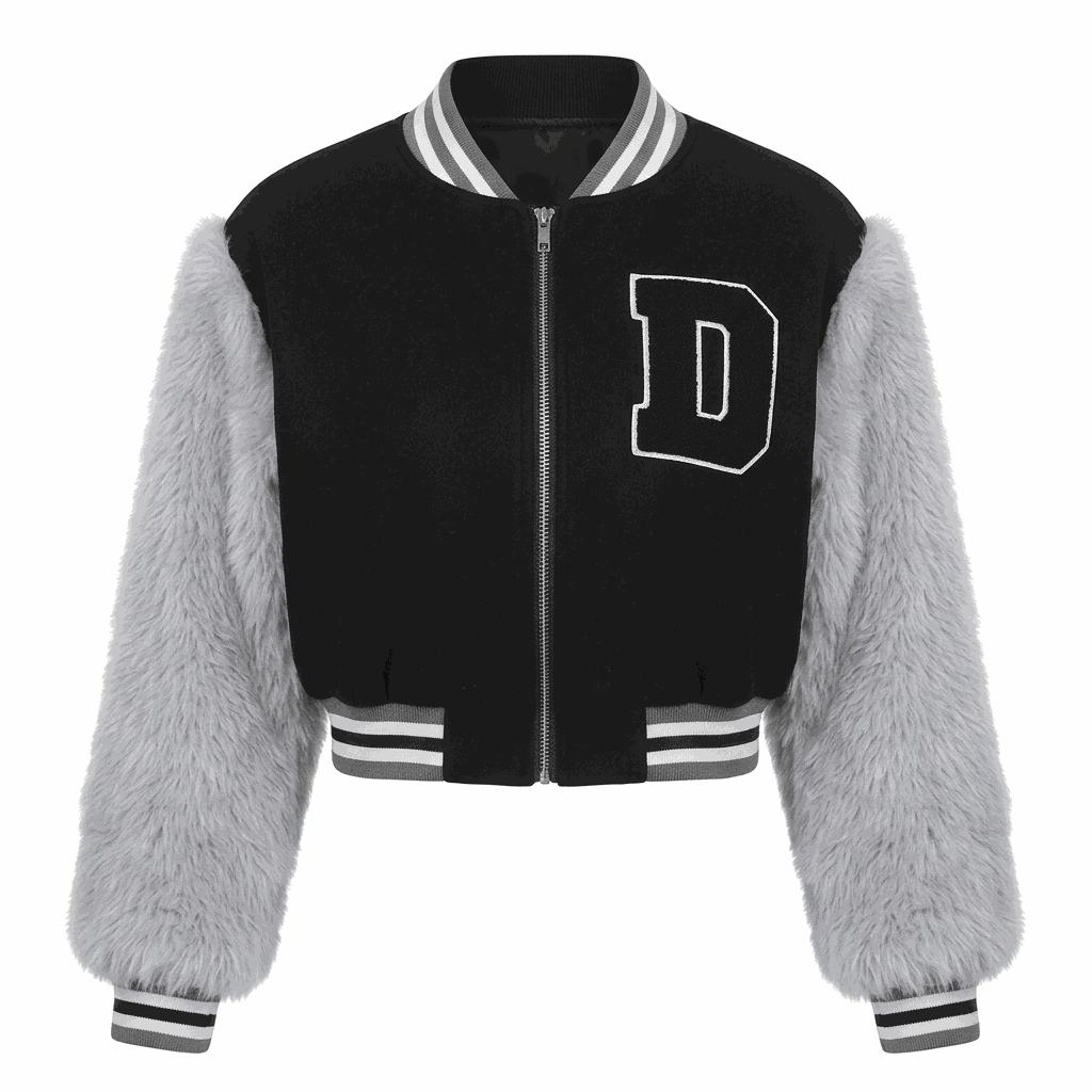 Varsity Vibes Cropped Bomber Jacket in black with fluffy gray sleeves, a white-outlined letter D, and striped ribbed trim.