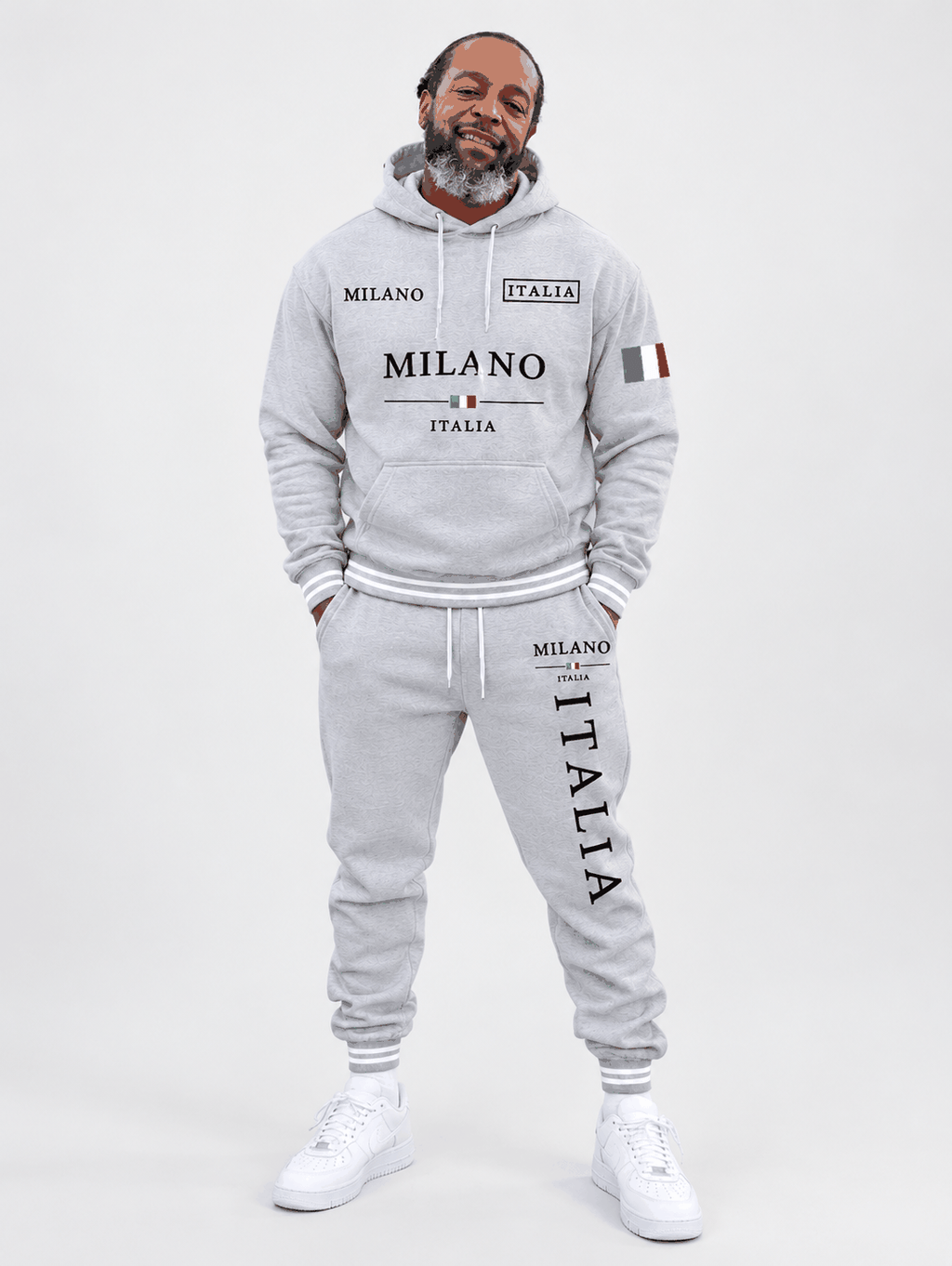 Men's Fall Winter 2026 hoodie and jogger set in heather-gray polyester, with Milano Italia lettering and Italian flag accents.