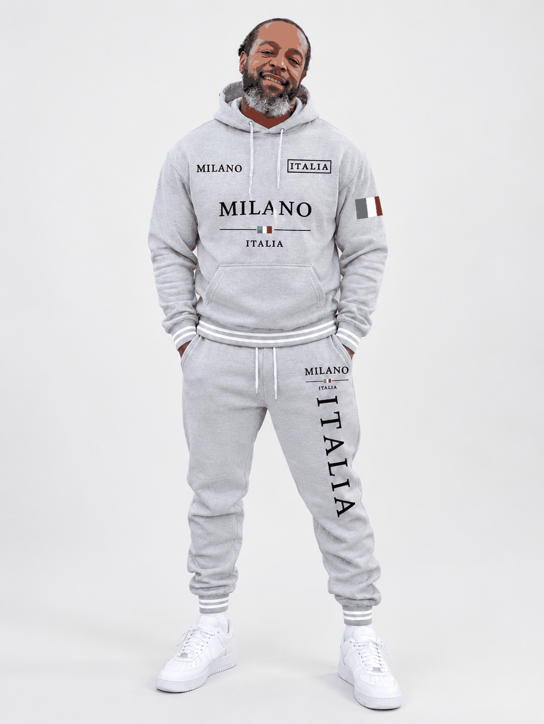 Men's Fall Winter 2026 hoodie and jogger set in heather-gray polyester, with Milano Italia lettering and Italian flag accents.