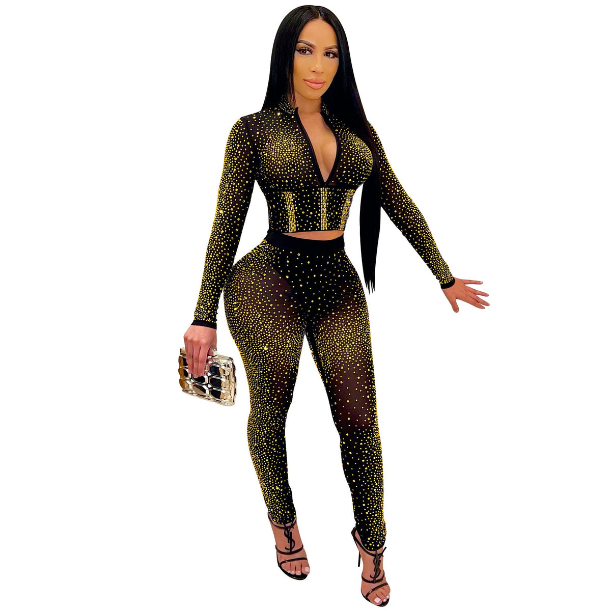 Women Clothing Sexy Tight Mesh See-through Long Sleeve Rhinestone Two-Piece Set Blouse Pants Women Wanita Store