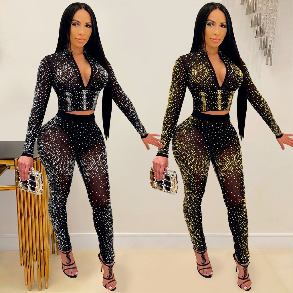 Women Clothing Sexy Tight Mesh See-through Long Sleeve Rhinestone Two-Piece Set Blouse Pants Women Wanita Store