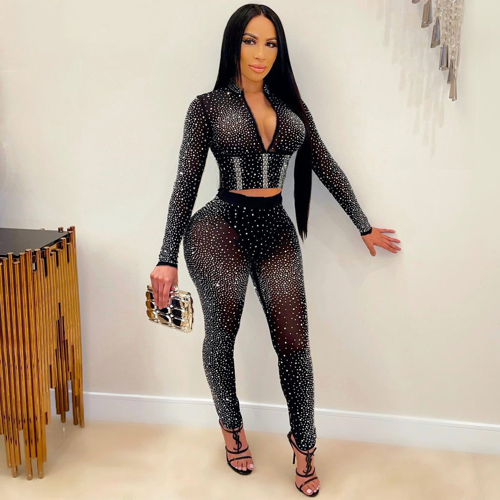 Women Clothing Sexy Tight Mesh See-through Long Sleeve Rhinestone Two-Piece Set Blouse Pants Women Wanita Store