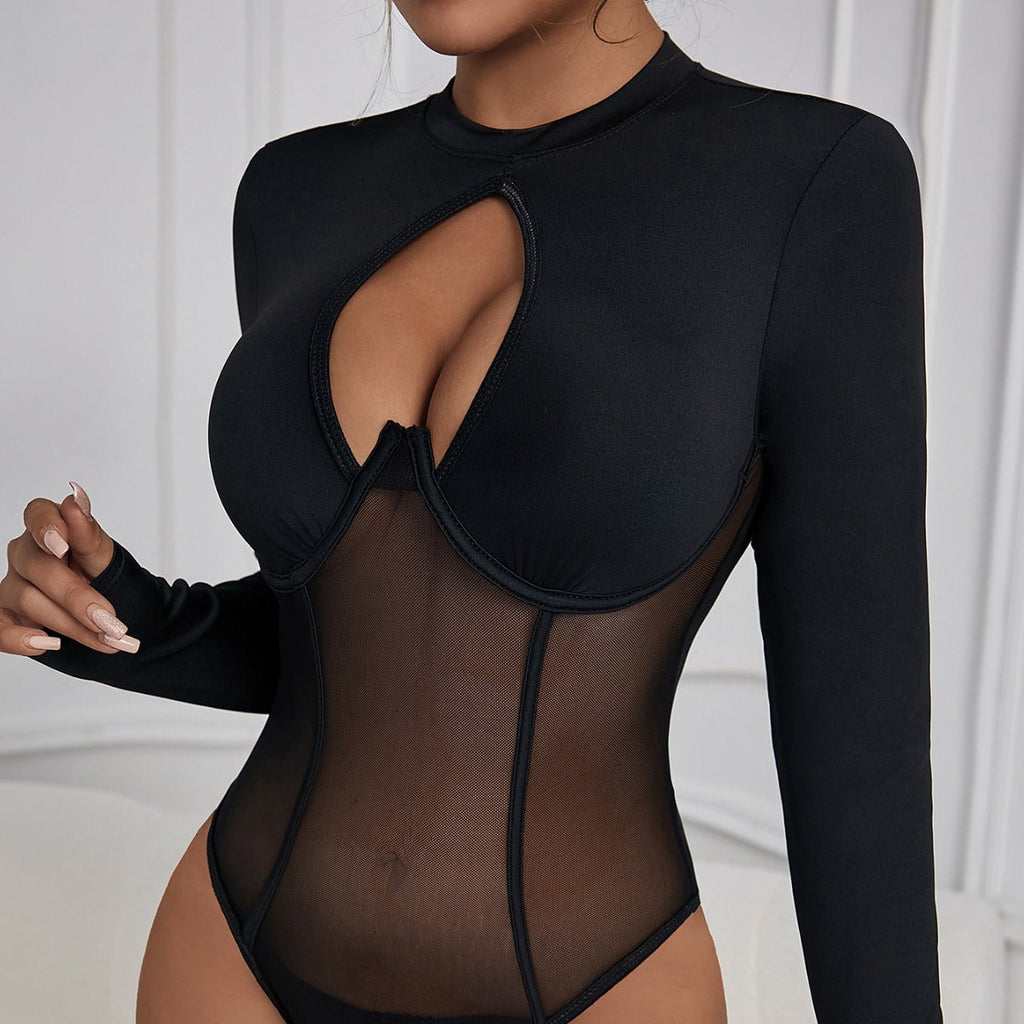 Backless Round Neck Hollow Out Cutout Sexy Mesh Slim Fit Patchwork Inner Push Up Jumpsuit Bella Mia