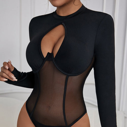 Backless Round Neck Hollow Out Cutout Sexy Mesh Slim Fit Patchwork Inner Push Up Jumpsuit Bella Mia