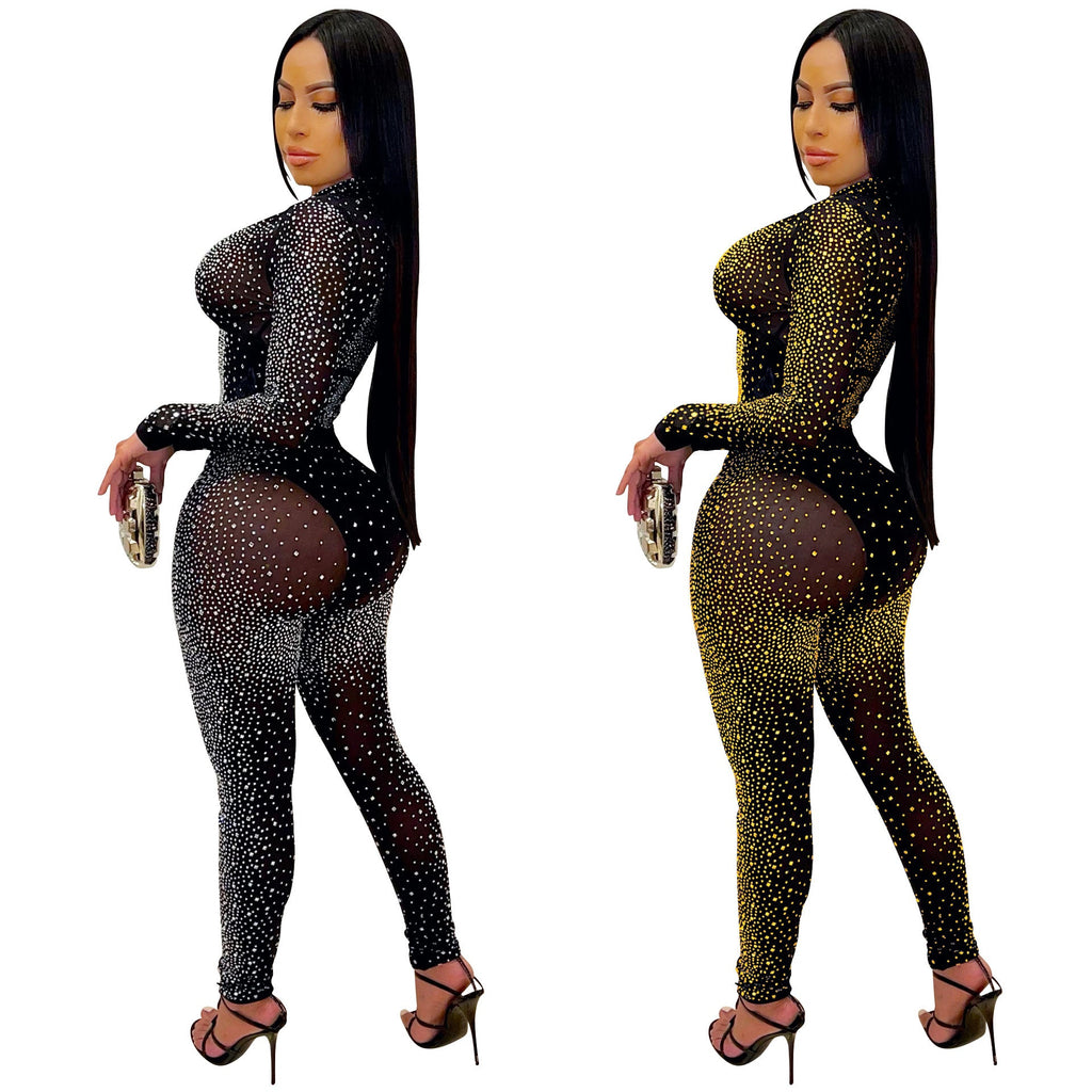Women Clothing Sexy Tight Mesh See-through Long Sleeve Rhinestone Two-Piece Set Blouse Pants Women Wanita Store