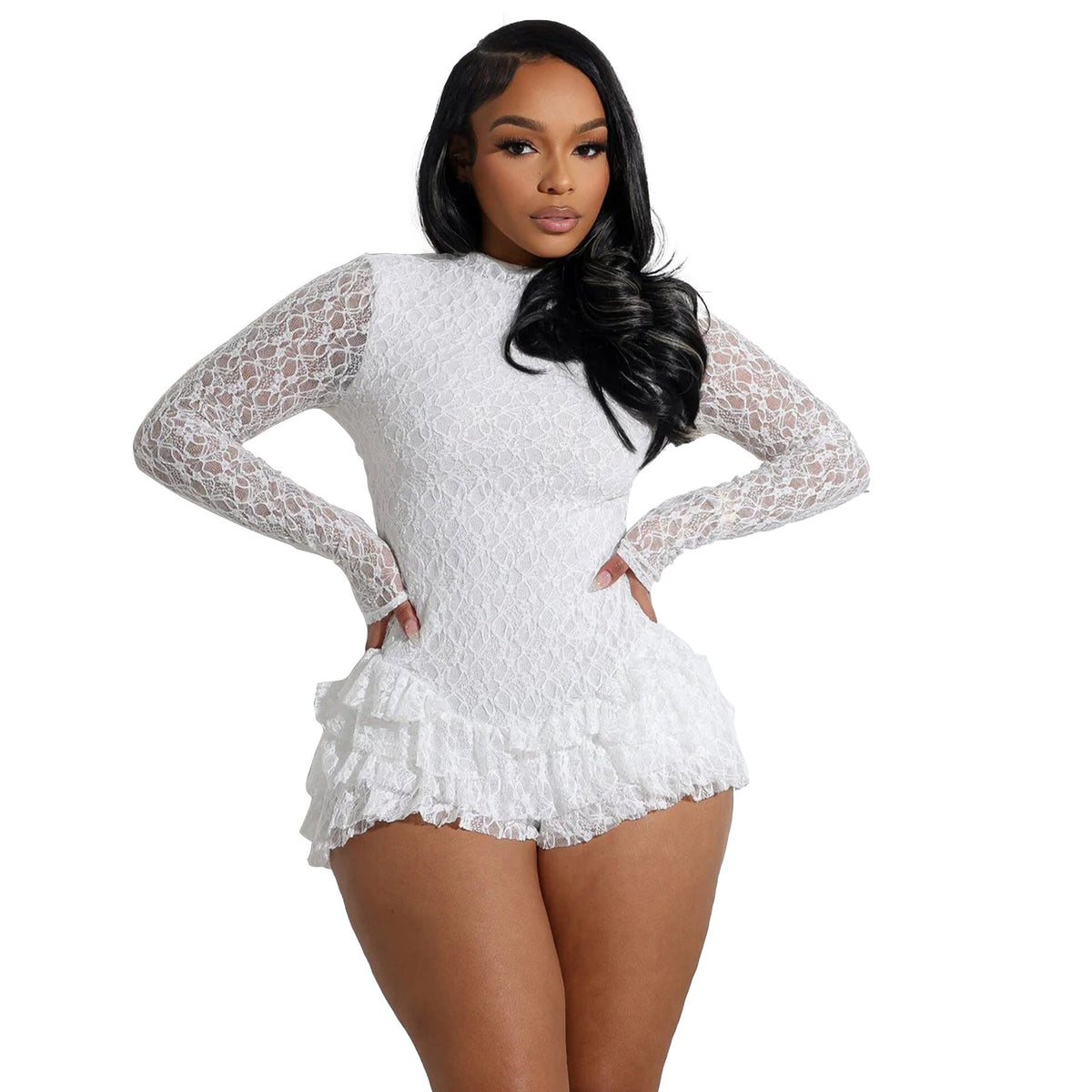 Women Clothing Sexy Lace Long Sleeve Shorts Wooden Ear Backless Jumpsuit Wanita Store