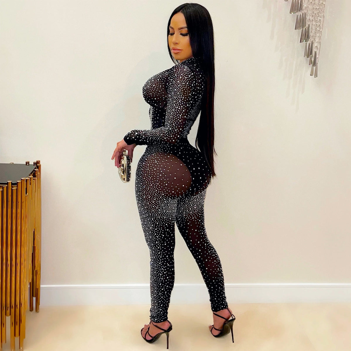 Women Clothing Sexy Tight Mesh See-through Long Sleeve Rhinestone Two-Piece Set Blouse Pants Women Wanita Store