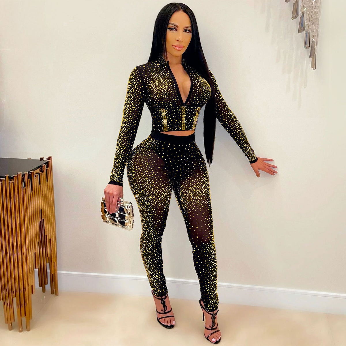 Women Clothing Sexy Tight Mesh See-through Long Sleeve Rhinestone Two-Piece Set Blouse Pants Women Wanita Store