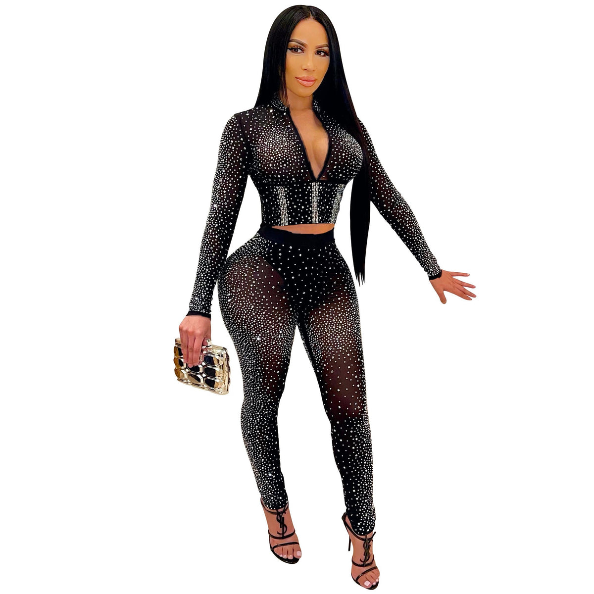 Women Clothing Sexy Tight Mesh See-through Long Sleeve Rhinestone Two-Piece Set Blouse Pants Women Wanita Store