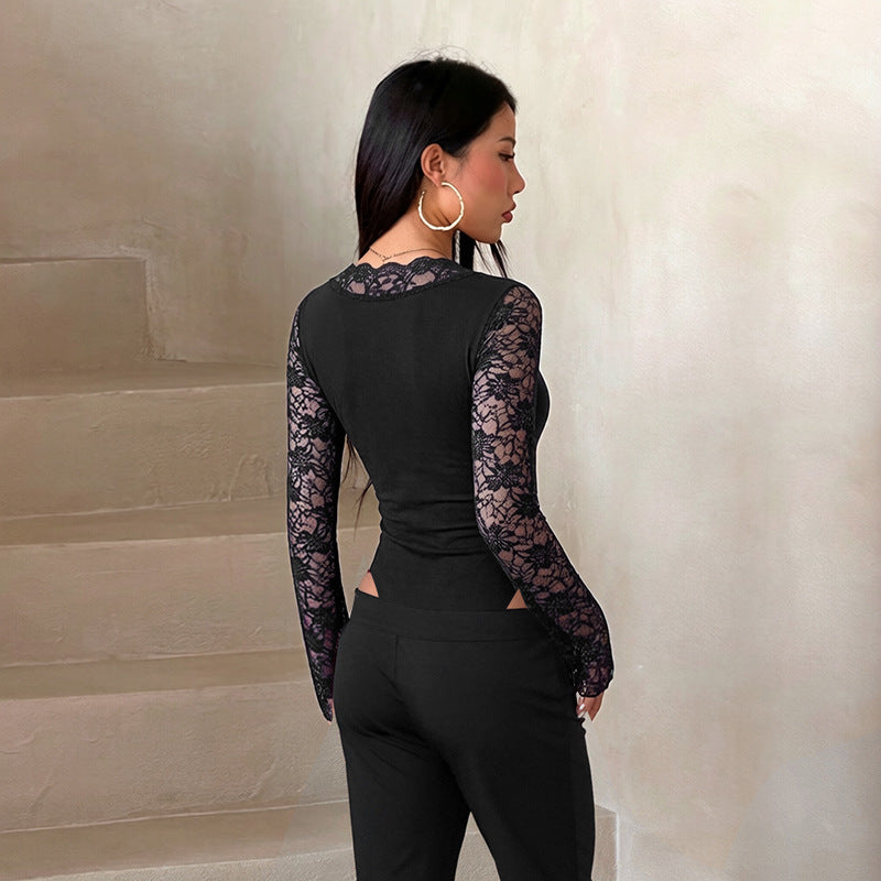 Sexy Lace Stitching Long Sleeve V neck Sexy Jumpsuit Women Wanita Store