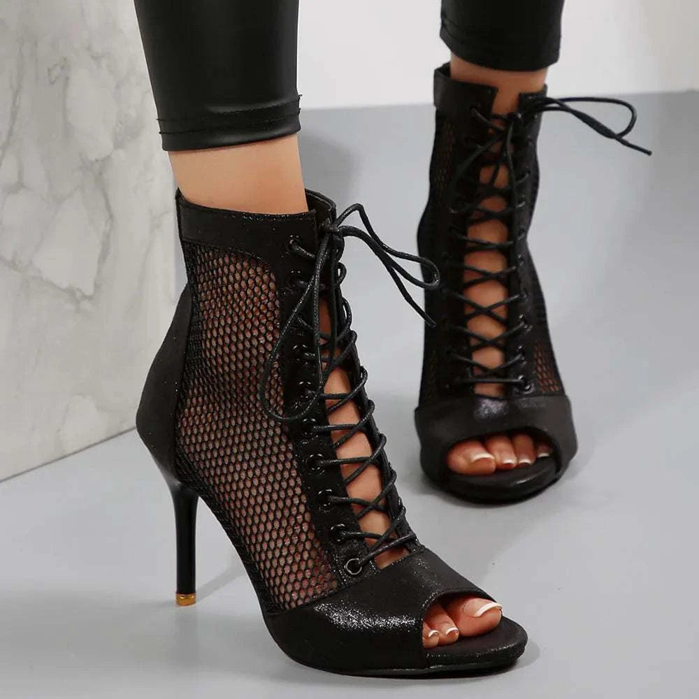 EUR Size 43 Sexy High Heels Dance Shoes Black Lace-up Thin Heeled Stiletto Ankle Boots Silver Peep Toe Summer Boots Party Shoes Ladyez