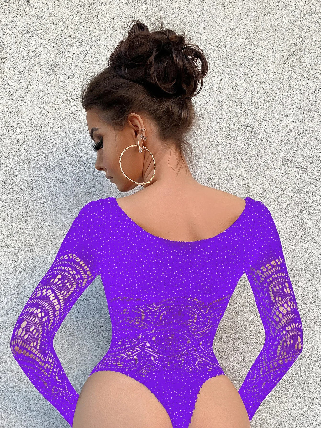 Toucheart Sexy Lingerie Long Sleeve Women's Jumpsuit Hollow Bikini One Piece Sexy Jacquard Solid Color Mesh See-through Bodysuit Ladyez