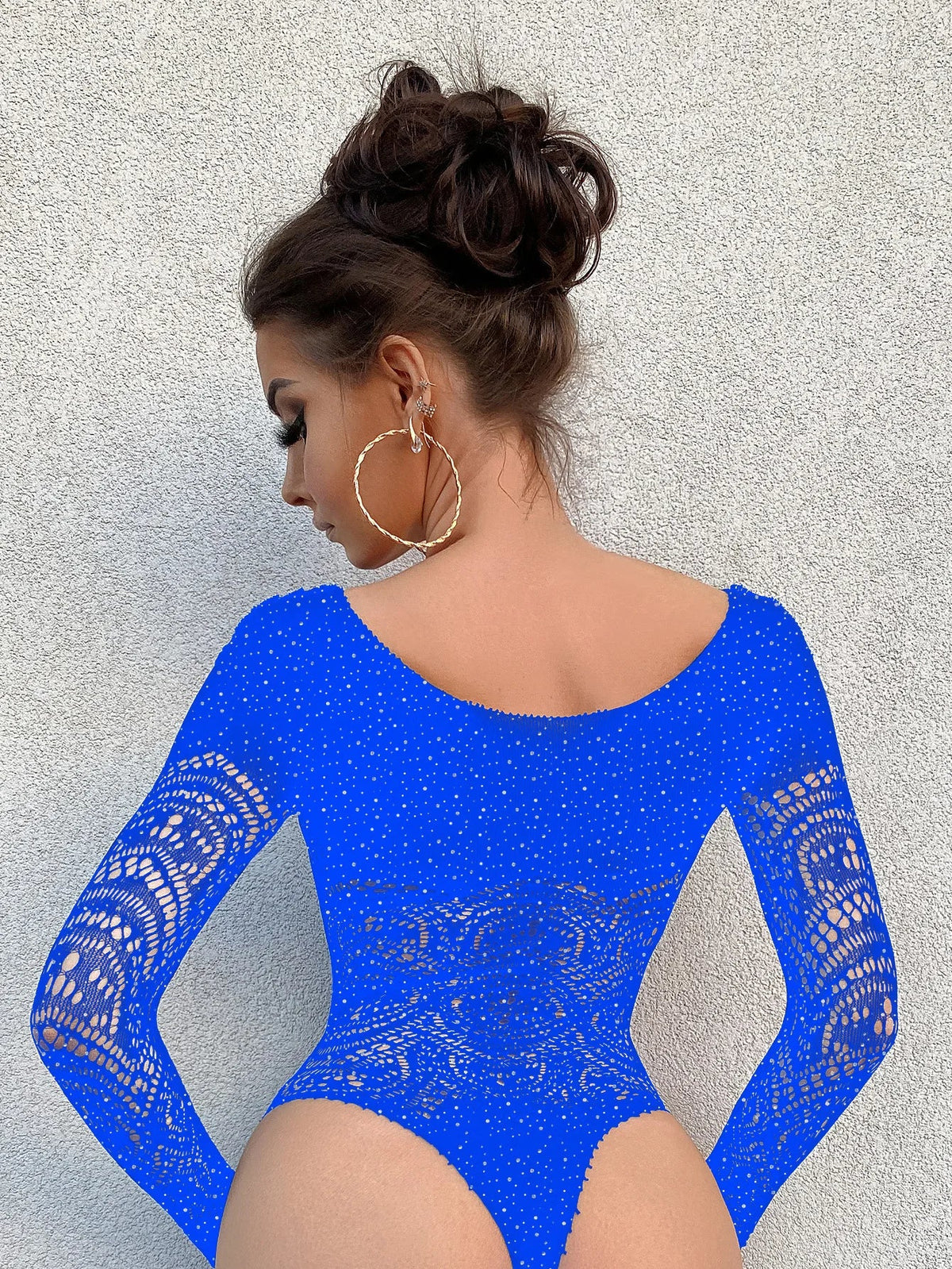 Toucheart Sexy Lingerie Long Sleeve Women's Jumpsuit Hollow Bikini One Piece Sexy Jacquard Solid Color Mesh See-through Bodysuit Ladyez