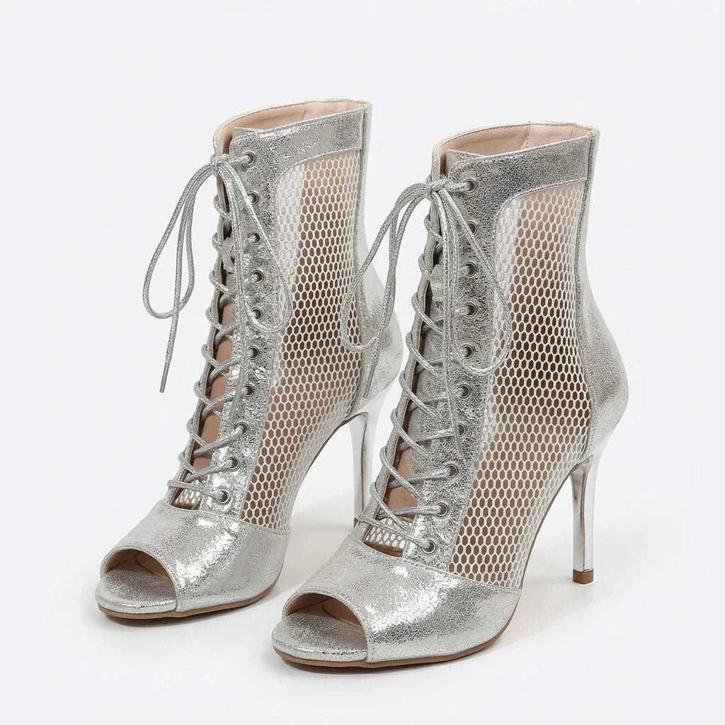 EUR Size 43 Sexy High Heels Dance Shoes Black Lace-up Thin Heeled Stiletto Ankle Boots Silver Peep Toe Summer Boots Party Shoes Ladyez