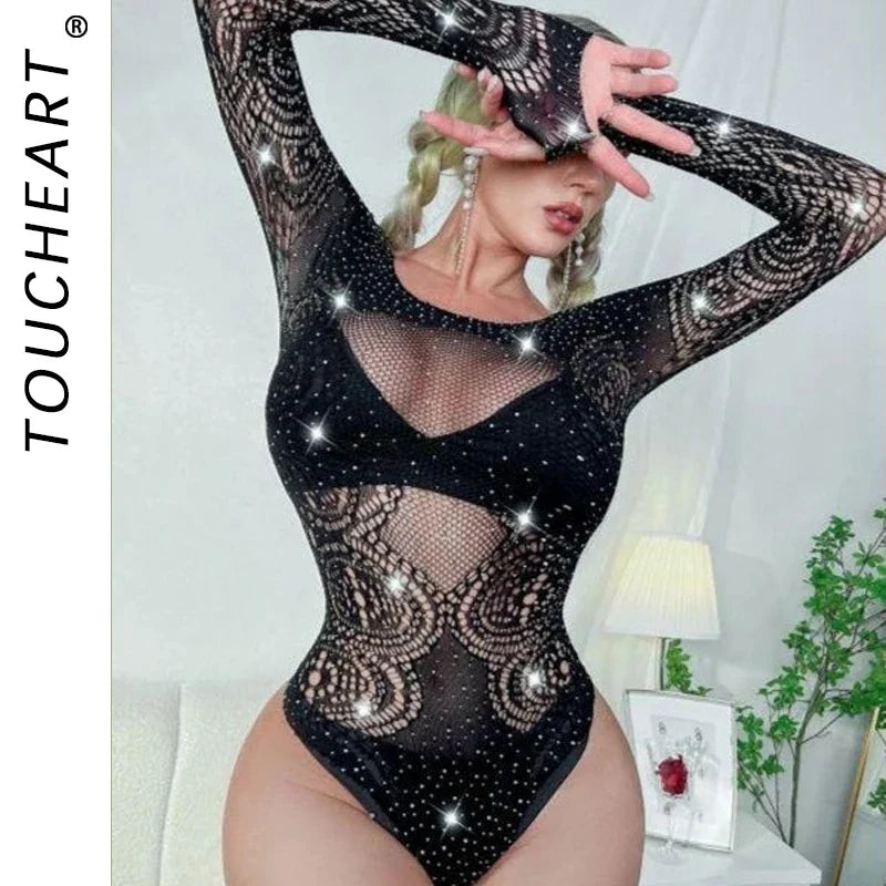Toucheart Sexy Lingerie Long Sleeve Women's Jumpsuit Hollow Bikini One Piece Sexy Jacquard Solid Color Mesh See-through Bodysuit Ladyez