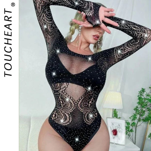 Toucheart Sexy Lingerie Long Sleeve Women's Jumpsuit Hollow Bikini One Piece Sexy Jacquard Solid Color Mesh See-through Bodysuit Ladyez