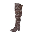 Slouch boots by UnWritten Style in dark brown leather-look material, with a pointed toe and chunky block heel