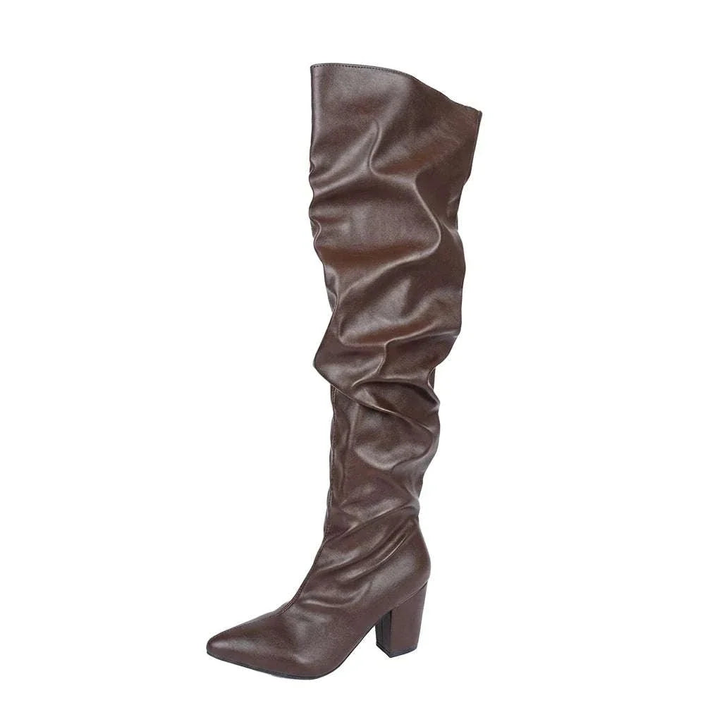 Slouch boots by UnWritten Style in dark brown leather-look material, with a pointed toe and chunky block heel