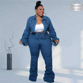 UnWritten Style denim two-piece set in dark blue, with a cropped button-front jacket and ruched, stacked-leg jeans.