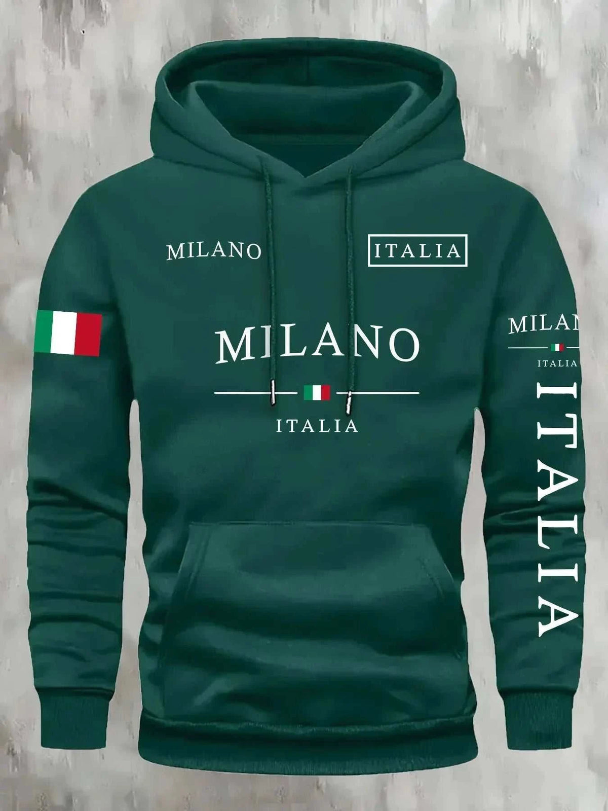 Pullover hoodie, ITALIA MILANO Men Women Hoodie in dark green with white lettering, Italian flag accents, drawstring hood and kangaroo pocket.