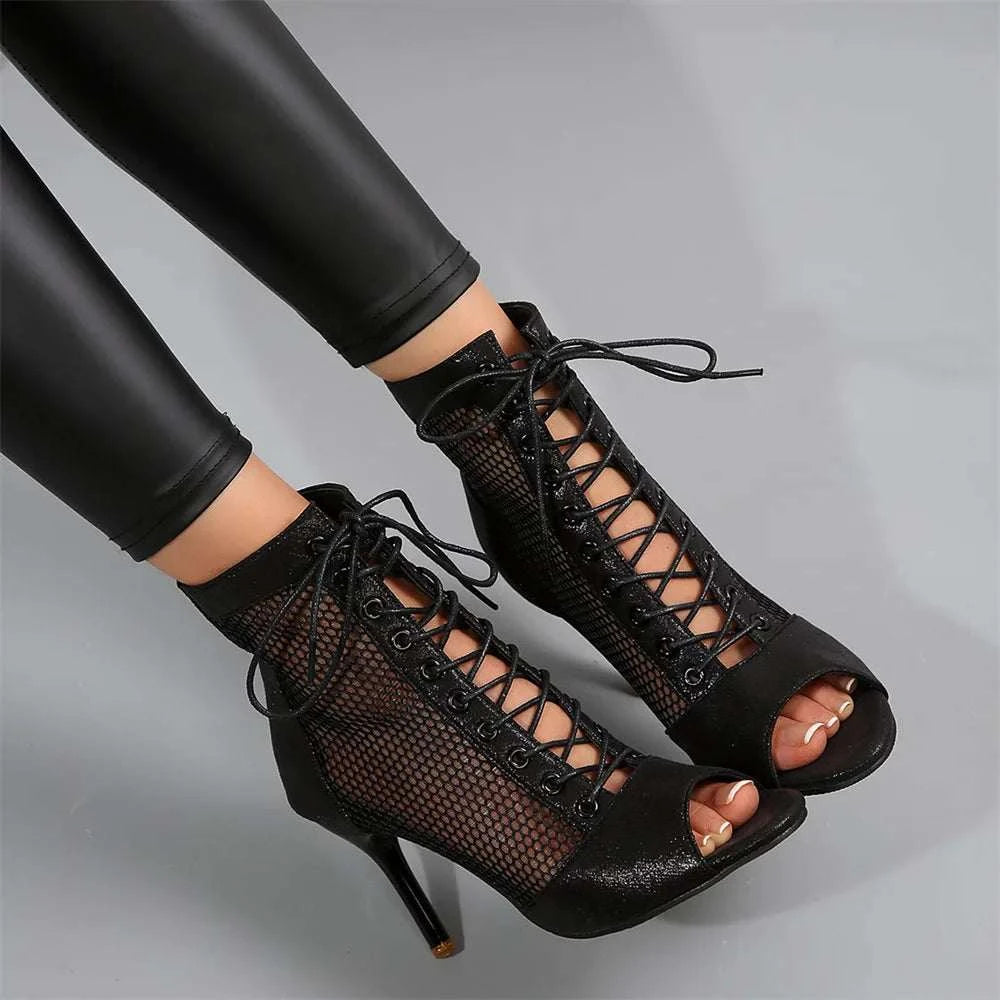 EUR Size 43 Sexy High Heels Dance Shoes Black Lace-up Thin Heeled Stiletto Ankle Boots Silver Peep Toe Summer Boots Party Shoes Ladyez