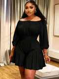 Midnight Muse Off-Shoulder Mini Dress in black, with a gathered neckline, long balloon sleeves, fitted waist and flared skirt.