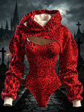 Leopard print bodysuit in red and black, with a hood, chest cutout, gathered sleeves and cream cuffs by UnWritten Style