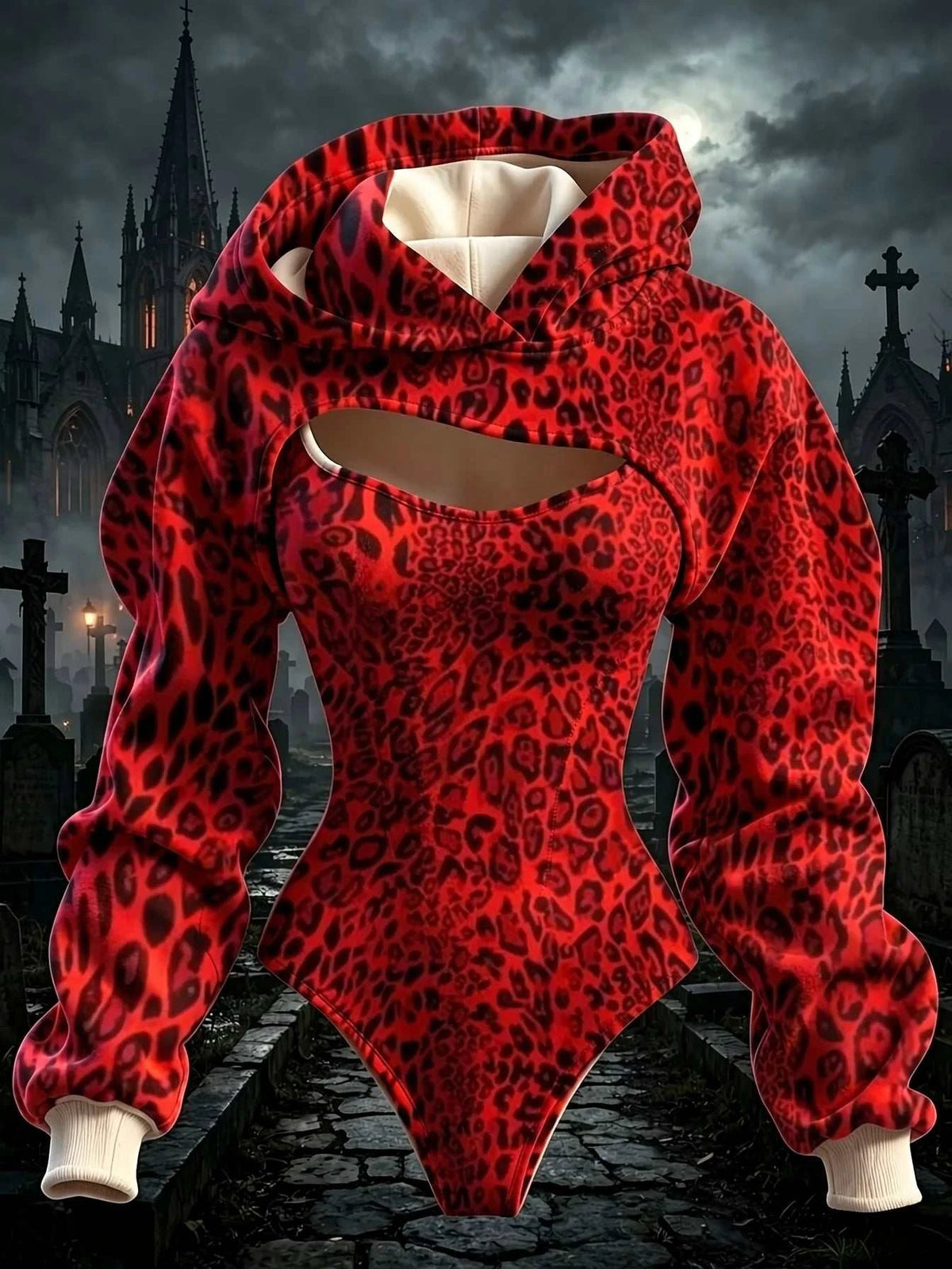 Leopard print bodysuit in red and black, with a hood, chest cutout, gathered sleeves and cream cuffs by UnWritten Style