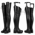 Midnight Rebel Lace-Up Thigh-High Boots in black leather-look material, with long laces, ankle straps, and chunky lug soles.