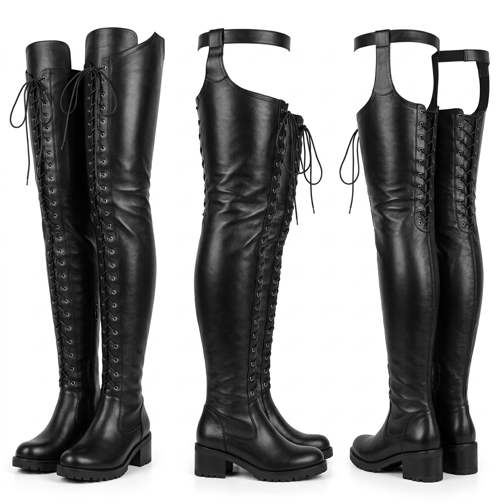 Midnight Rebel Lace-Up Thigh-High Boots in black leather-look material, with long laces, ankle straps, and chunky lug soles.