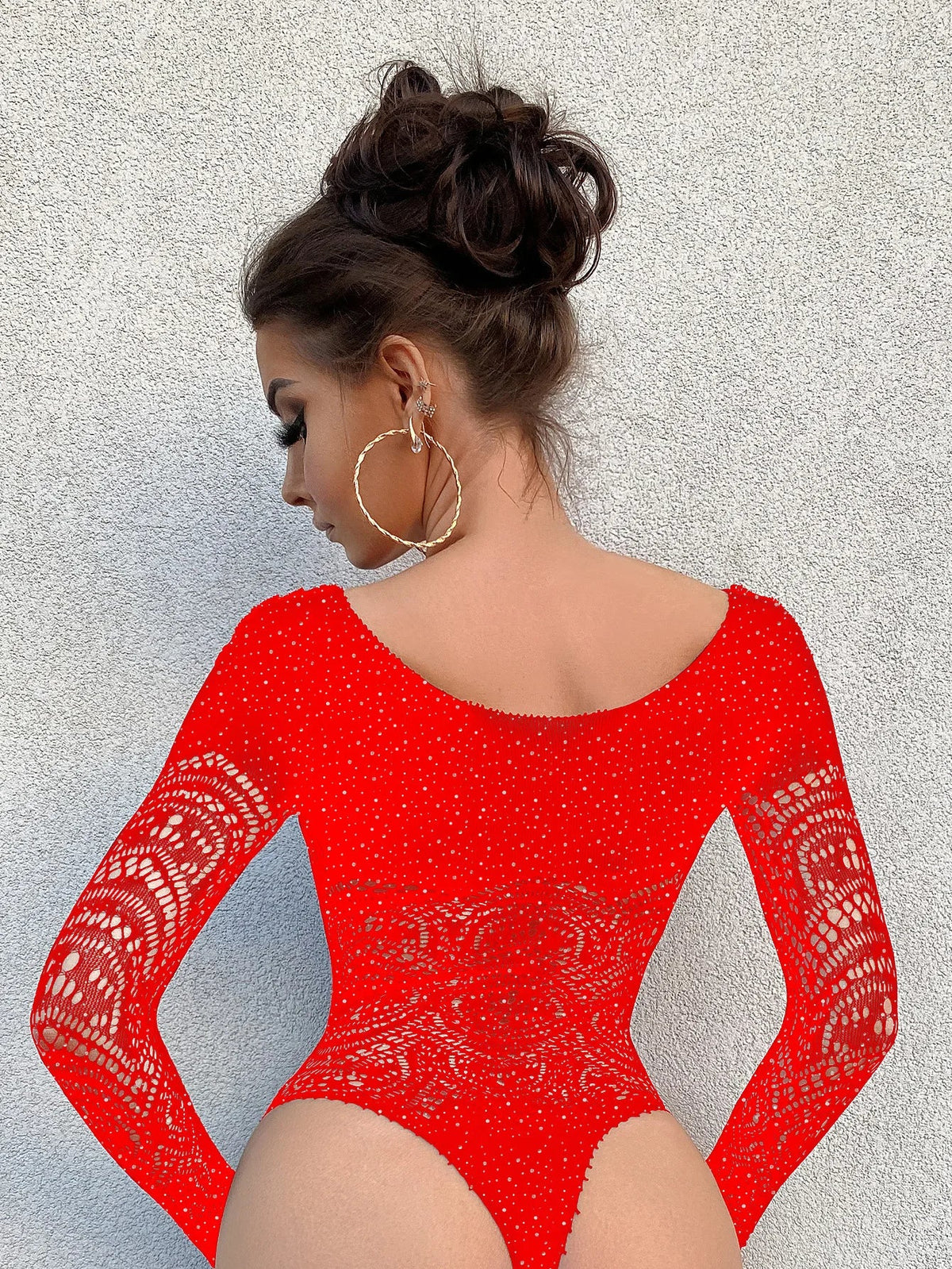 Toucheart Sexy Lingerie Long Sleeve Women's Jumpsuit Hollow Bikini One Piece Sexy Jacquard Solid Color Mesh See-through Bodysuit Ladyez