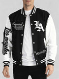 Varsity jacket in black and white with contrast sleeves, striped ribbing and Los Angeles Art Letter Prints on the chest and sleeve.