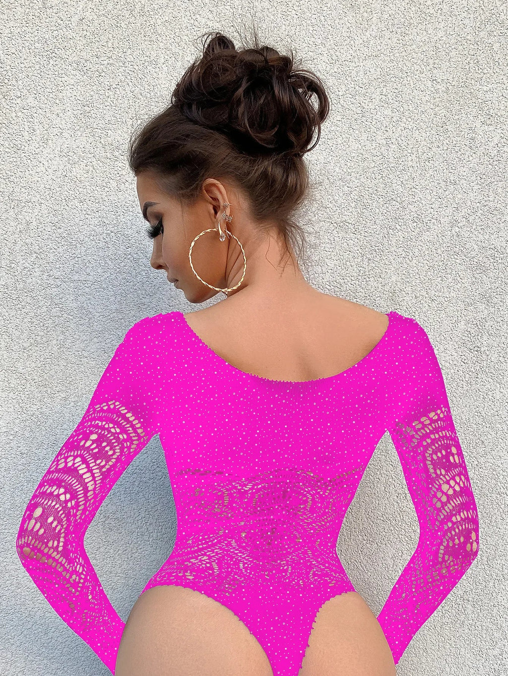 Toucheart Sexy Lingerie Long Sleeve Women's Jumpsuit Hollow Bikini One Piece Sexy Jacquard Solid Color Mesh See-through Bodysuit Ladyez