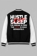 Varsity jacket, Popular men's baseball jacket in black with white sleeves, bold white and red back slogan, and striped ribbed trim.